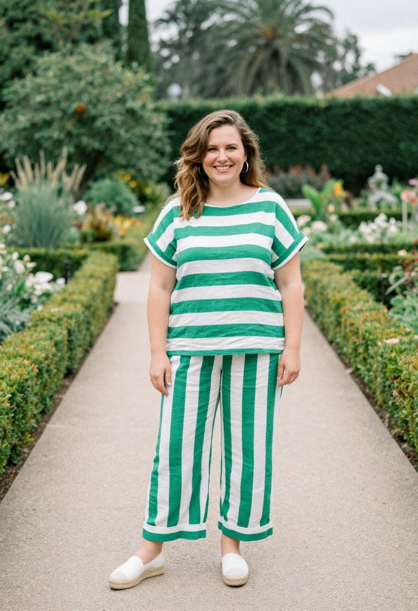 Emerald striped linen co-ord set for curvy summer garden dressing