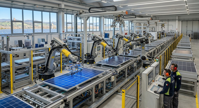 Factory floor with robotic arms assembling solar panels
