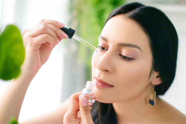 Woman applying peptide skincare serum