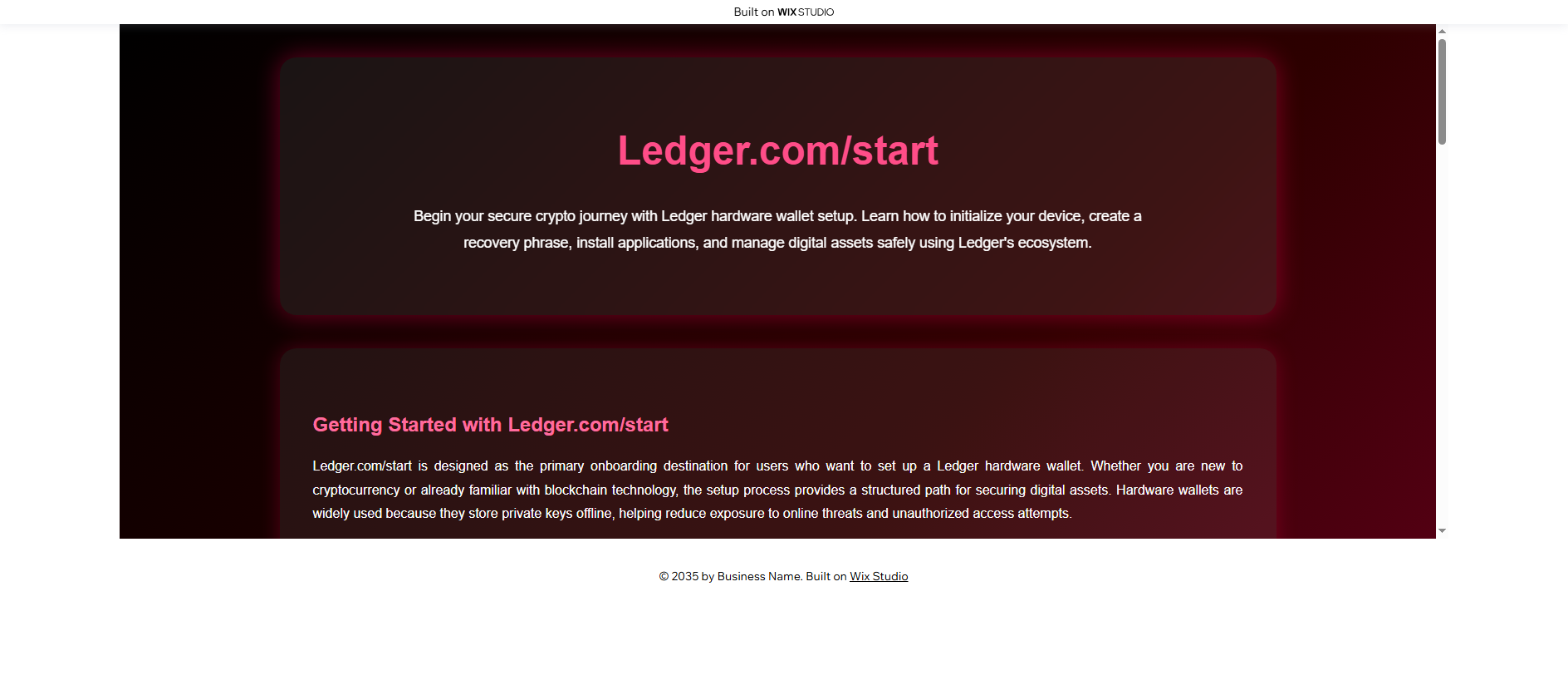 Forensic screenshot of starten-ledgeapp.wixstudio.com showing the phishing page layout