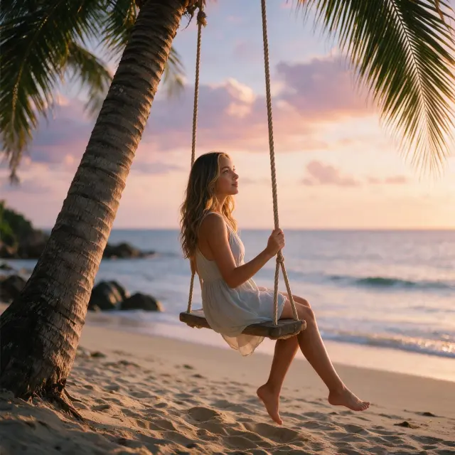 A girl with sleeveless summer dress and bare feet hovering above the sand, sitting on a wooden rope swing attached to a palm tree on a tropical beach, relaxed pose gazing toward the ocean, gentle waves and rocks in the background, pastel sunset sky with soft clouds, palm trees framing the scene, romantic tropical mood, warm sunset lighting, cinematic composition