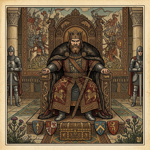 The semi-barbaric king sitting on his throne