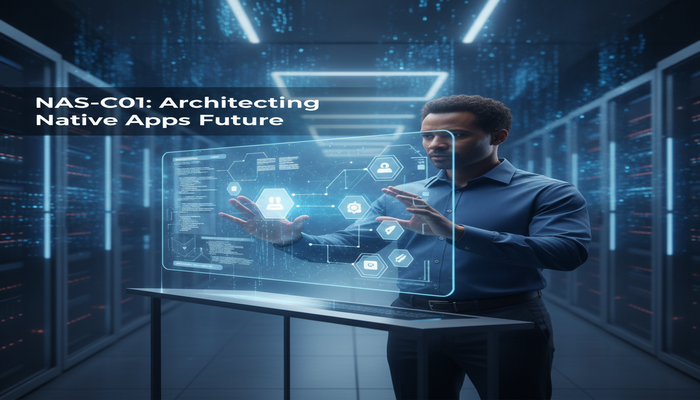 NAS-C01: Architecting Native Apps Future A data professional confidently interacting with a holographic display showcasing Snowflake Native Apps architecture in a modern data cloud environment, conveying expertise and future readiness for the NAS-C01 specialty.