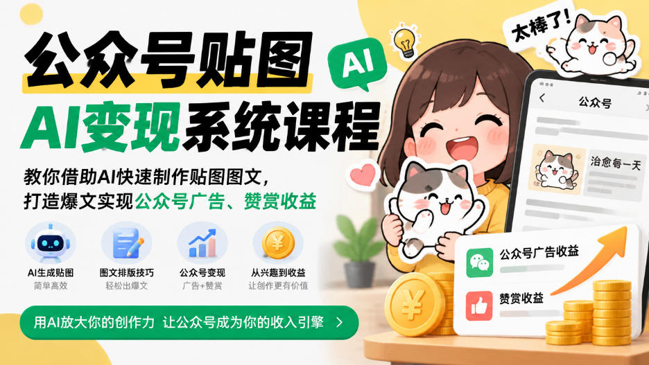 公众号贴图AI变现系统课程｜教你借助AI快速制作贴图图文，打造爆文实现公众号广告、赞赏收益-网创指引人