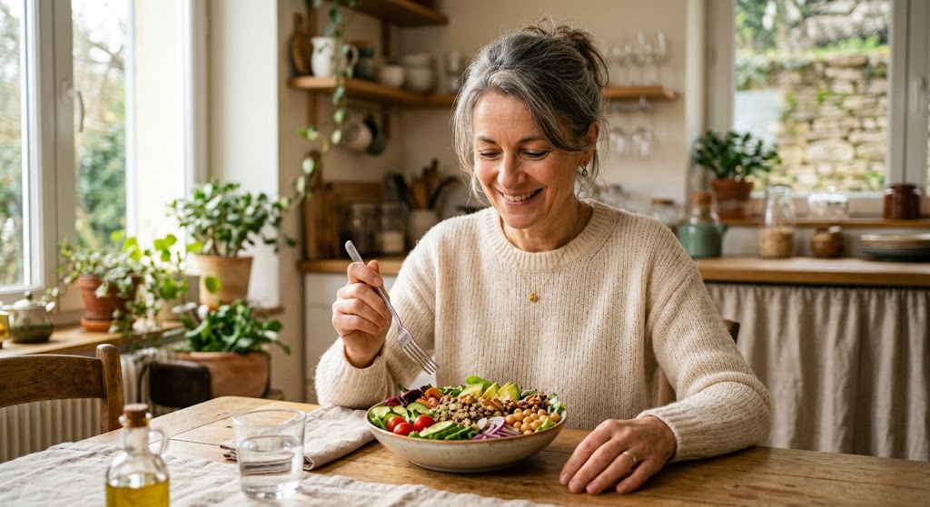 Femme souriante mangeant une salade équilibrée et colorée à table, avec des légumes frais et des protéines, dans un environnement lumineux