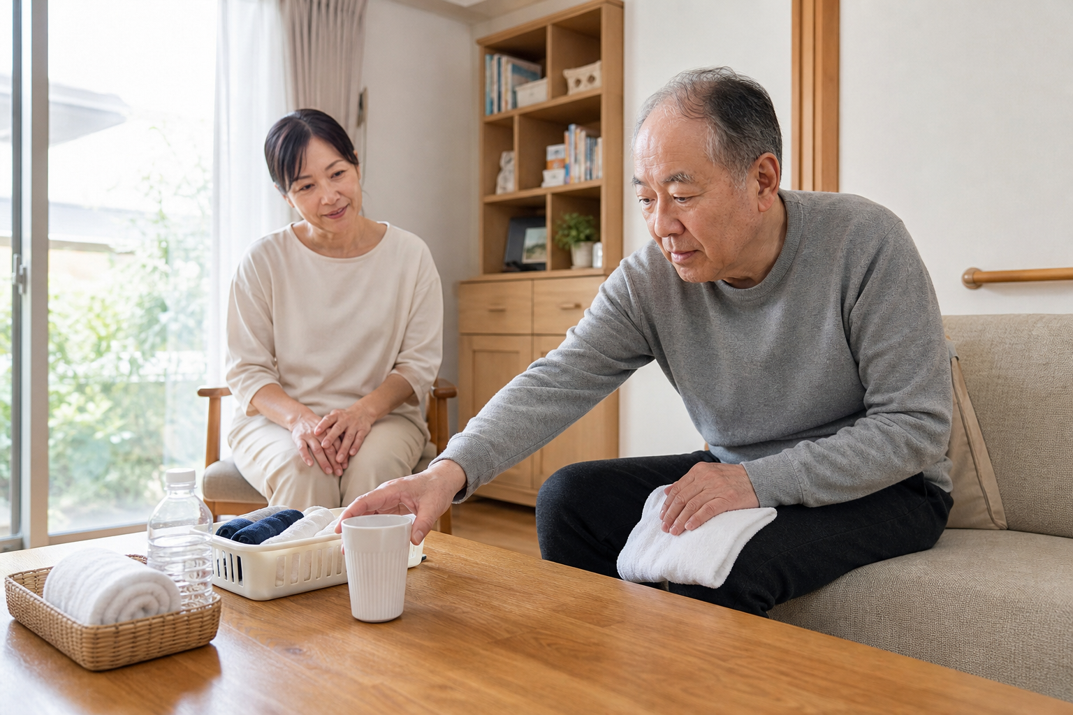 自宅で安全に手を伸ばして物をつかむ練習をする様子