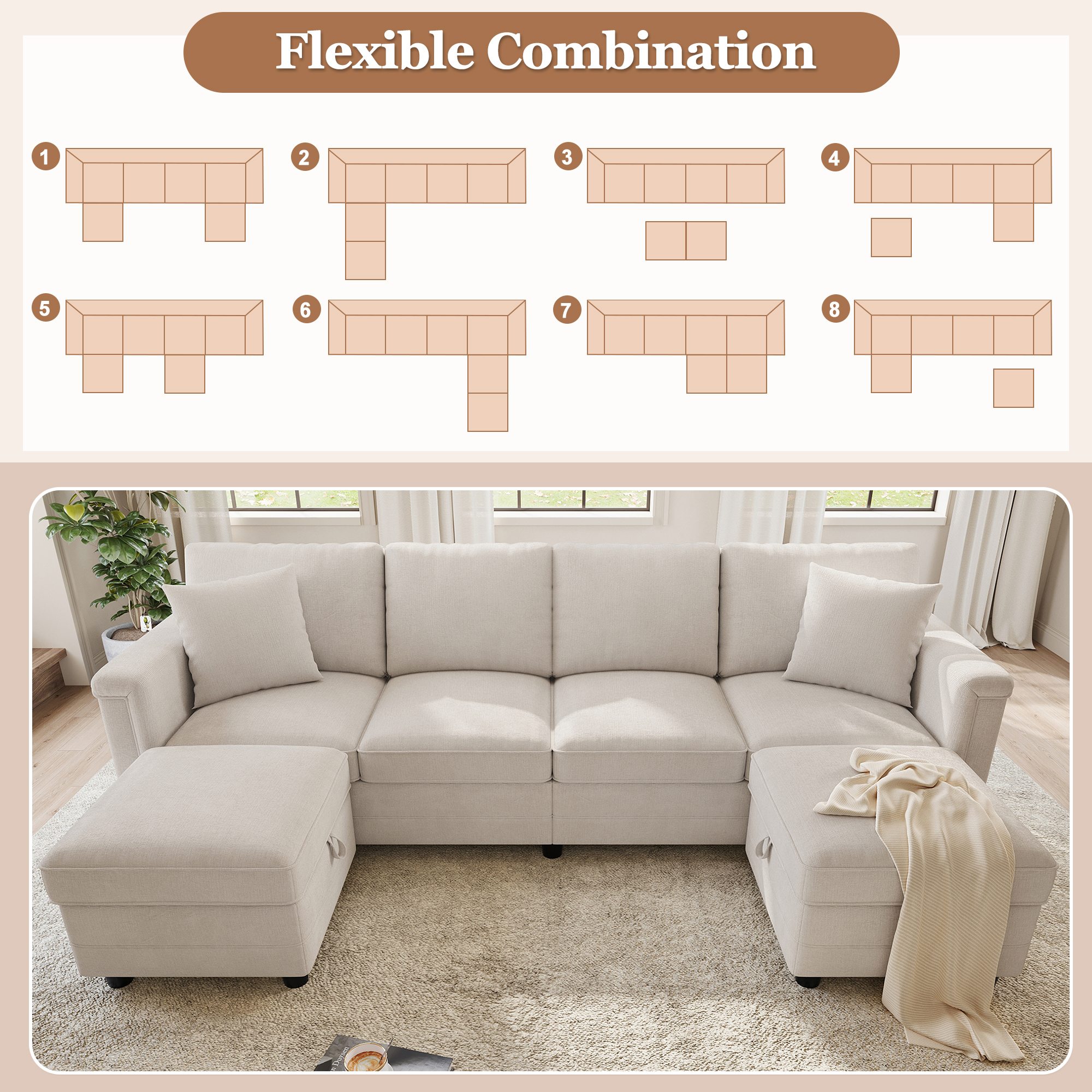 Canapé d'angle convertible beige en situation