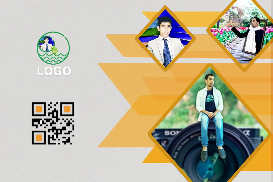Jahangir Graphic design banner layout featuring three diamond-shaped photo frames, a logo placeholder, and a QR code against a light gray and orange geometric background.