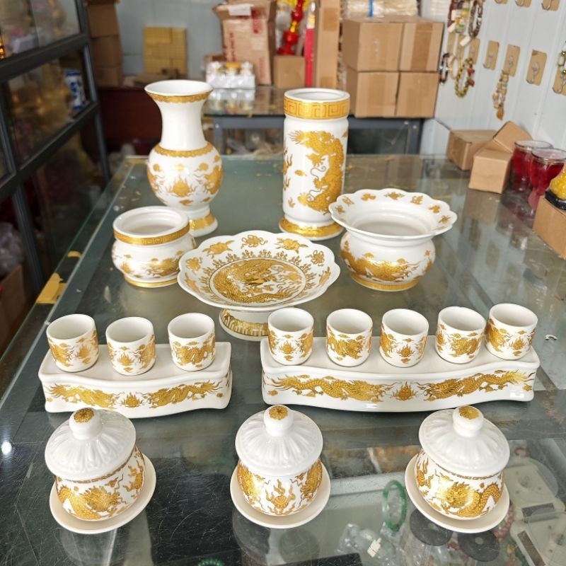 Bộ Thờ Cúng Lư Hương, Đĩa Trái Cây, Bình Hoa Trắng Rồng Vàng