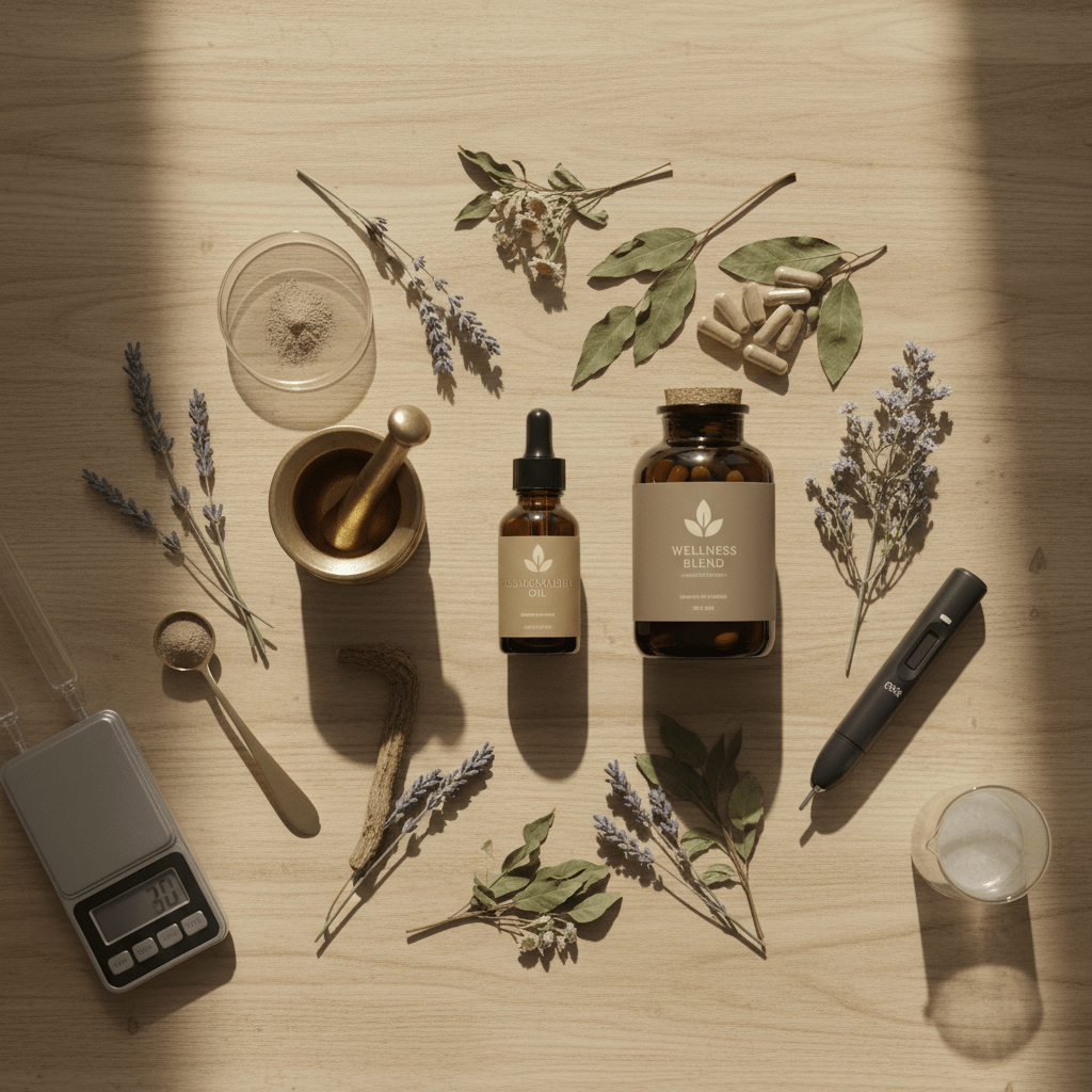 Clean wellness flat lay with ashwagandha oil and testing tools