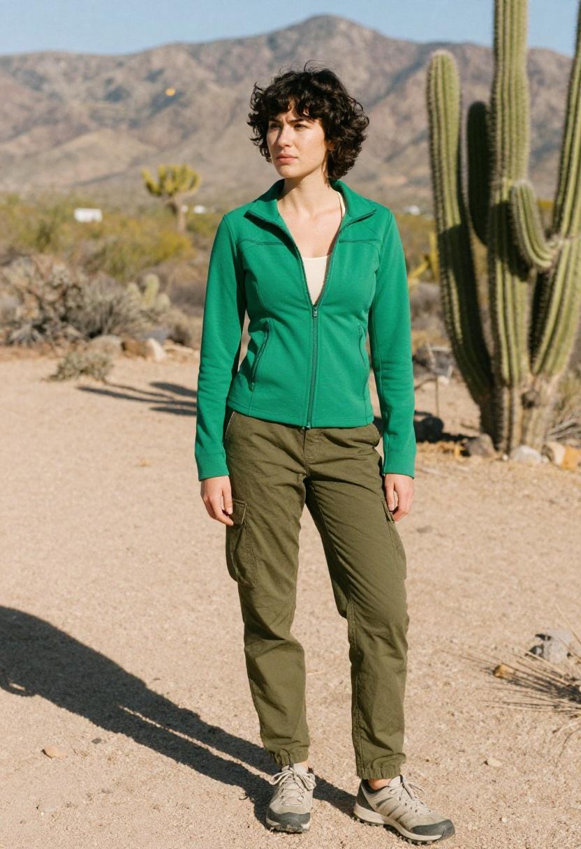 Woman in emerald green zip-up jacket and cargo hiking pants on a mountain trail