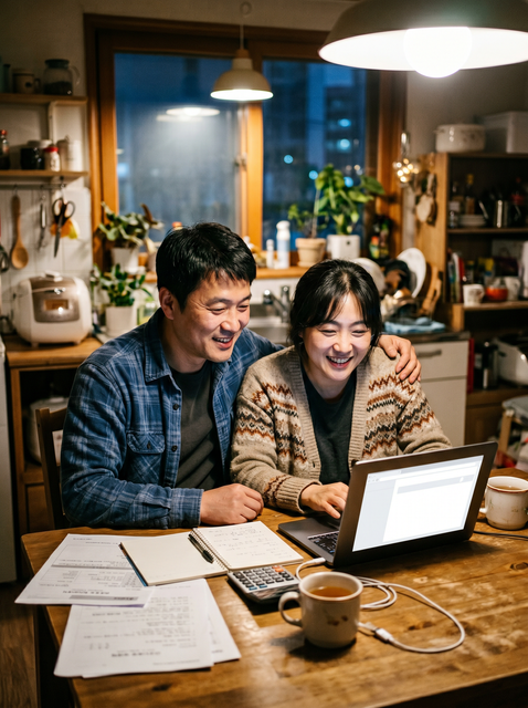 30대 후반 한국 맞벌이 부부가 주방 식탁에서 노트북으로 근로장려금 신청 조건을 확인하는 모습