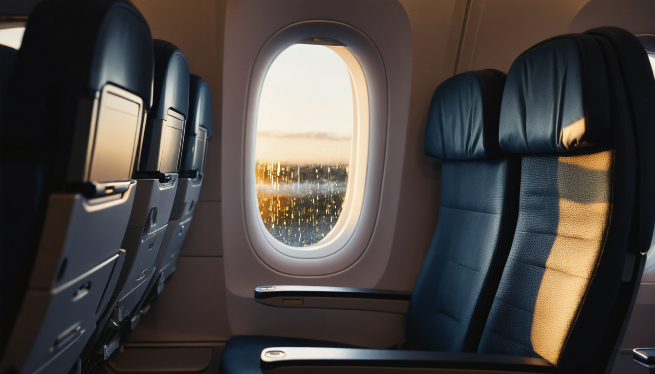 An empty airplane seat beside a rain-streaked oval window with the faint glow of tarmac lights beyond.