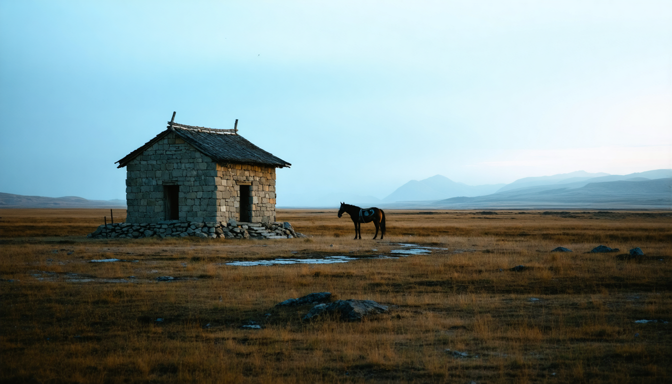A lone waystation of stone and timber on an empty grassland at dusk, low light raking across the plains.