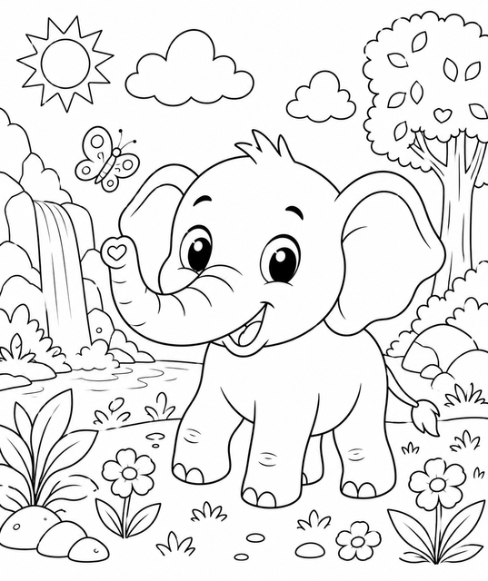 Happy Baby Elephant Adventure Colouring Sheet