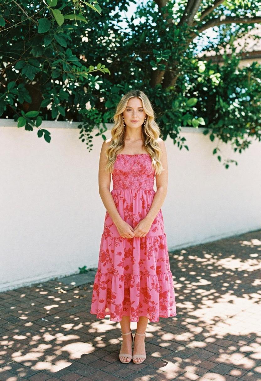 Fuchsia floral chiffon midi dress with smocked bodice for spring bridal shower