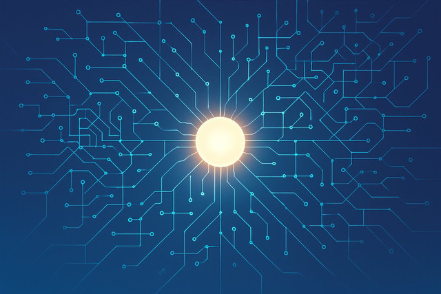A glowing orb at the center of a vast, luminous network of interconnected nodes and lines on a blue-purple gradient backgroun