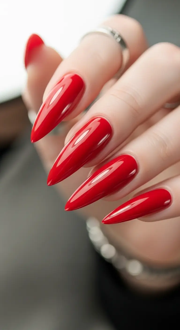 Cherry Red Long Stiletto Glossy Statement Nails