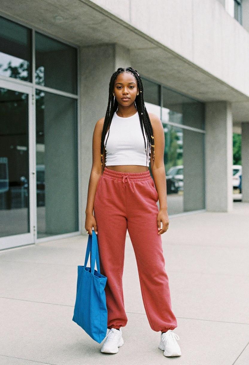 Bold coral-red oversized sweatpants with white crop top and chunky sneakers street look