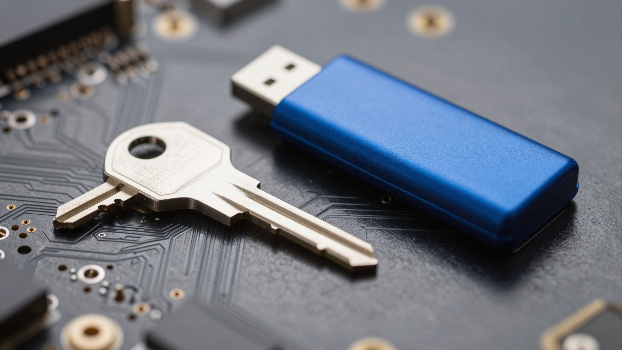 어두운 회로 기판 위에 놓인 은색 금속 열쇠와 파란색 USB 메모리의 실사 이미지.