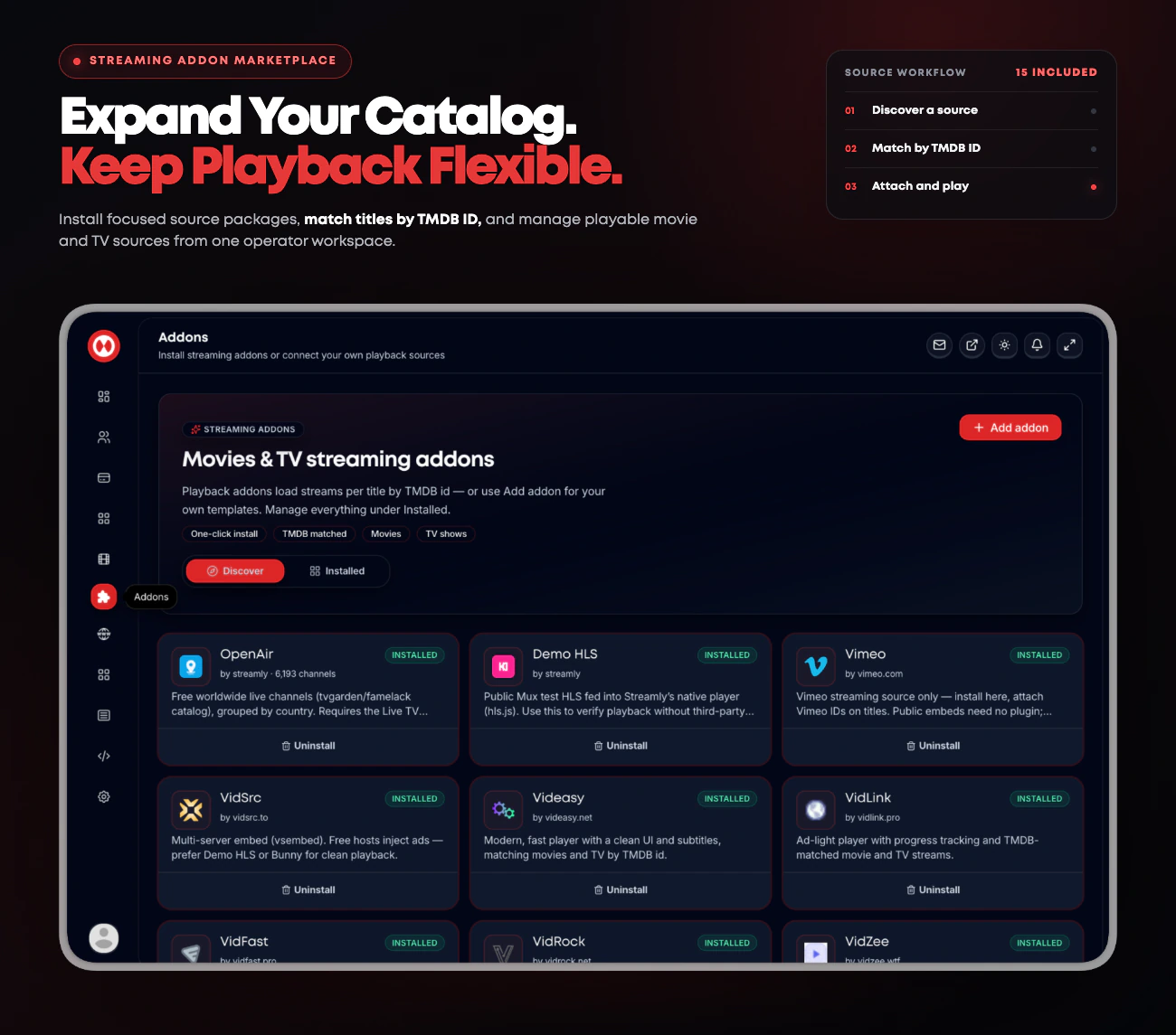 Streamly streaming addon marketplace with Discover and Installed views for OpenAir, Demo HLS, Vimeo, VidSrc, Videasy, VidLink, and other playable-source packages