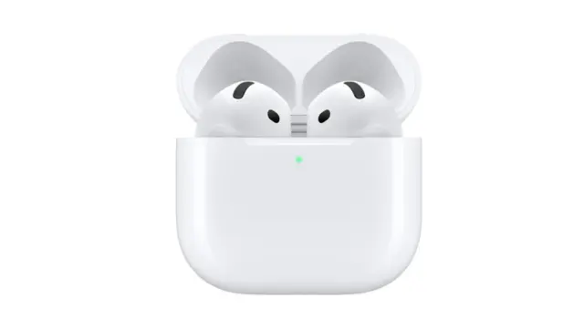 The new white Apple AirPods 5 wireless earbuds sitting next to their USB-C charging case.