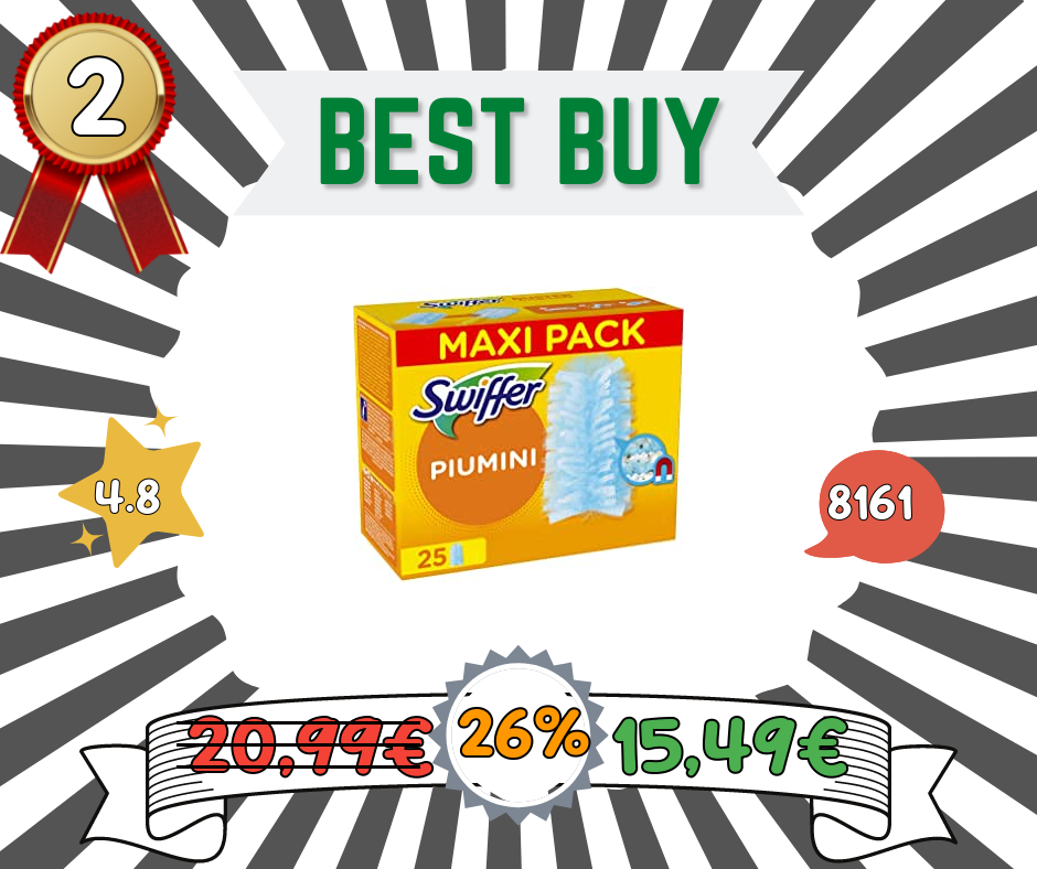 Swiffer Duster Piumini Cattura Polvere, 25 Panni, Cattura e Intrappola Polvere e Sporco, Ottimo per I peli di Animale, Per Tutte le Superfici, Maxi Formato