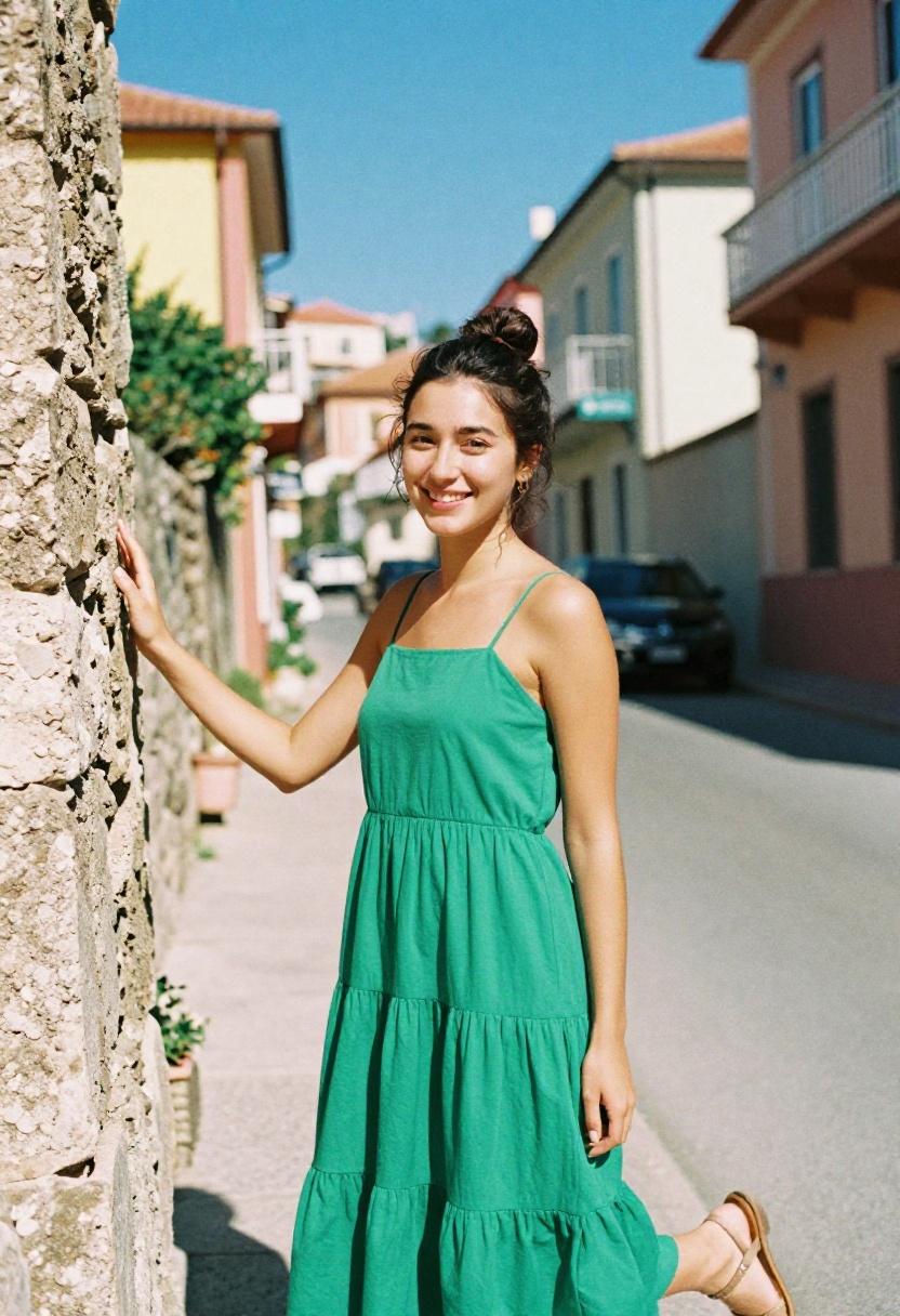 Emerald green tiered midi dress in Mediterranean hillside light in spring