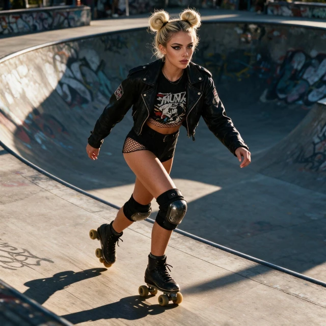 A girl with double bun hairstyle tight and playful, edgy punk makeup with dark eyeliner and subtle lip color, wearing a punk skate outfit with a cropped jacket, graphic top, fishnet details, and knee pads, roller skating confidently in an urban skate park, full-body view, captured mid-motion on roller skates, bold street attitude, graffiti-covered ramps and concrete bowls in the background, late afternoon sunlight with strong shadows, dynamic motion blur on wheels, gritty urban vibe, cinematic composition, ultra-realistic, high detail, street sports photography style