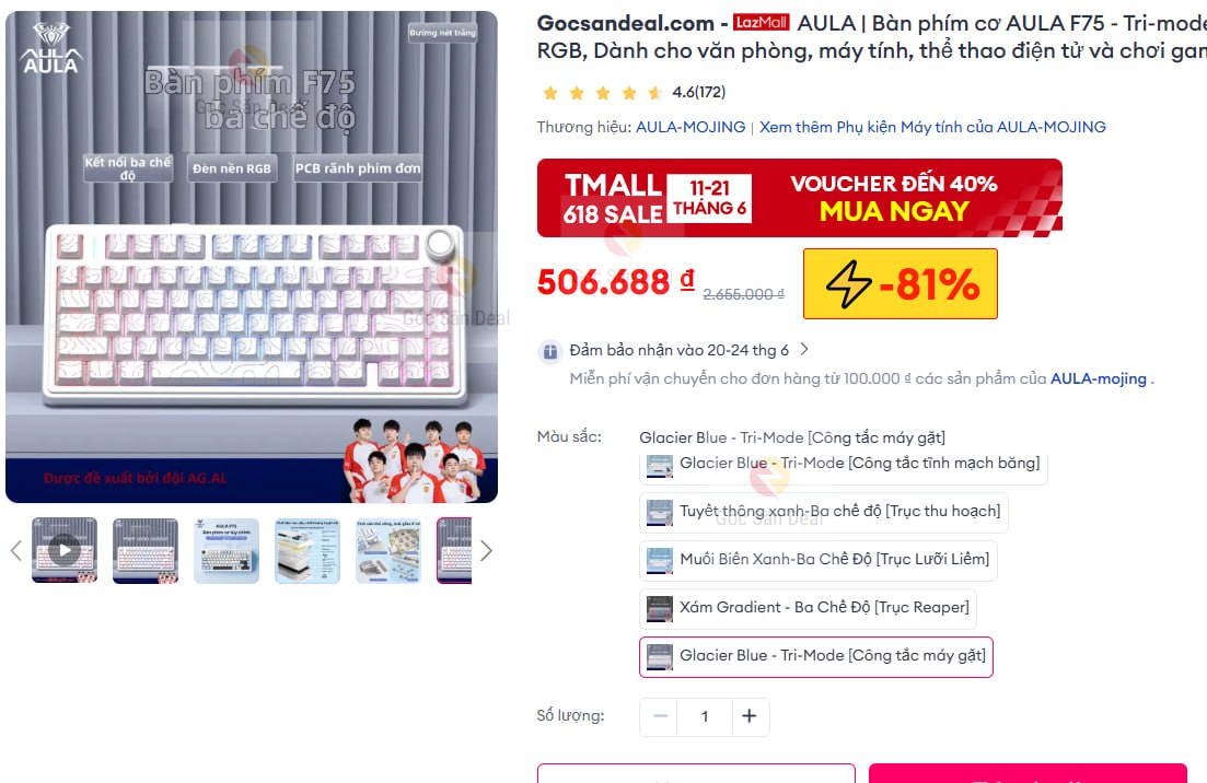 AULA | Bàn phím cơ AULA F75 - Tri-mode, Đèn RGB, Dành cho văn phòng, máy tính, thể thao điện tử và chơi game
