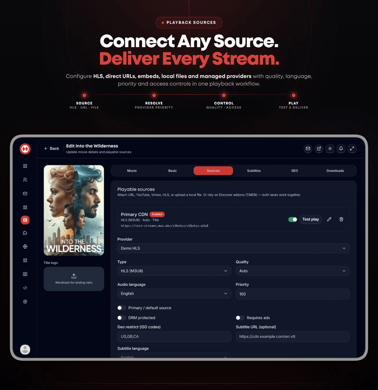 Streamly playback sources management with HLS, provider priority, quality and access controls