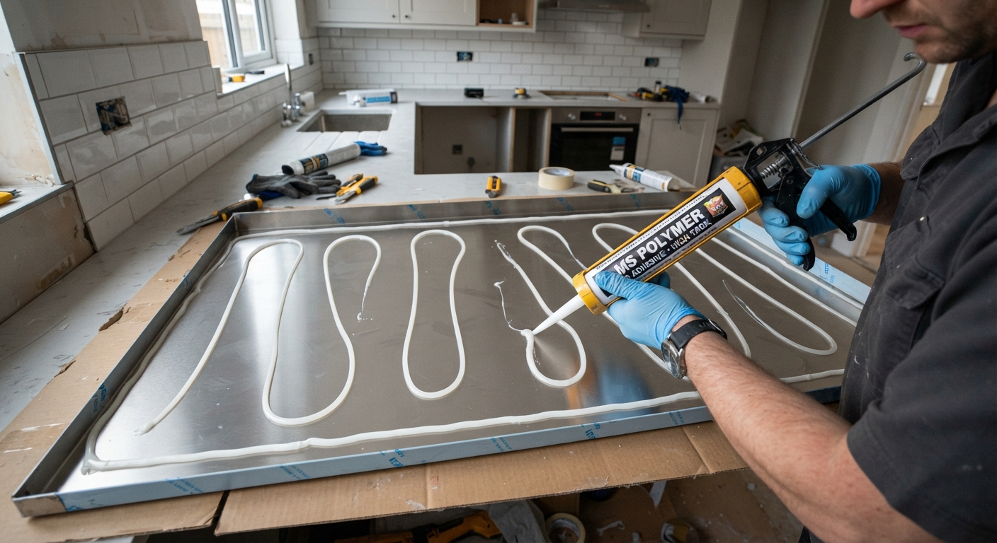 Installation d'une crédence inox sur-mesure avec de la colle MS polymère.