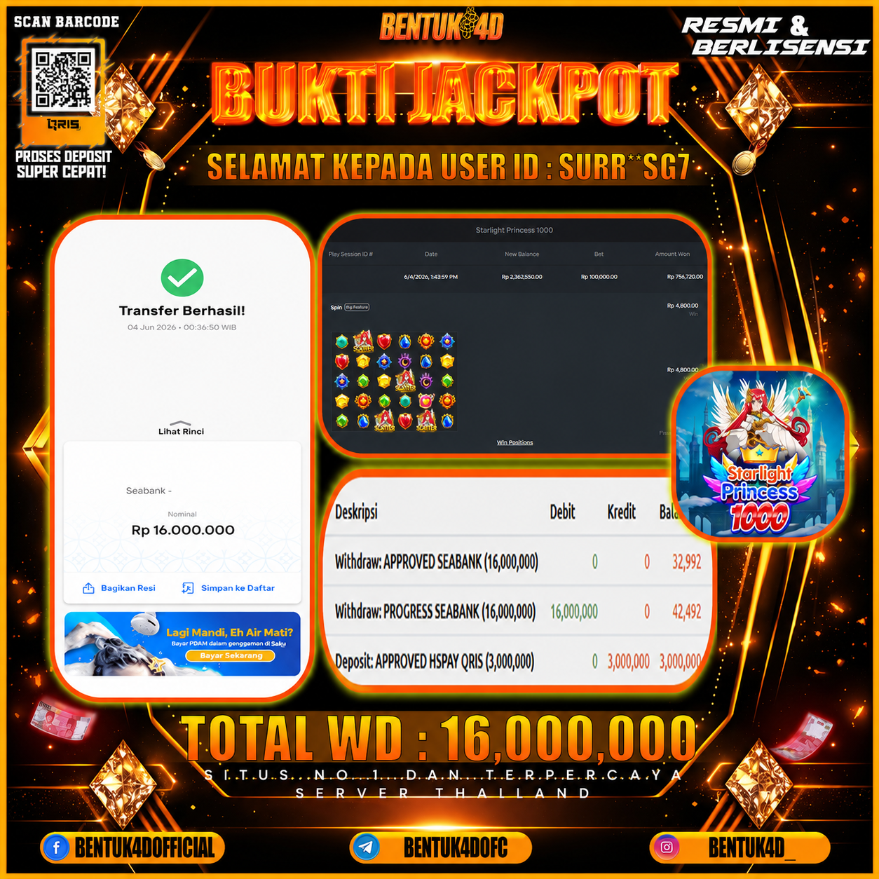 SELAMAT KEPADA USER ID : SURR**SG7 KEMENANGAN Rp 16,000,000 (STARLIGHT PRINCESS 1000) DI BENTUK4D
