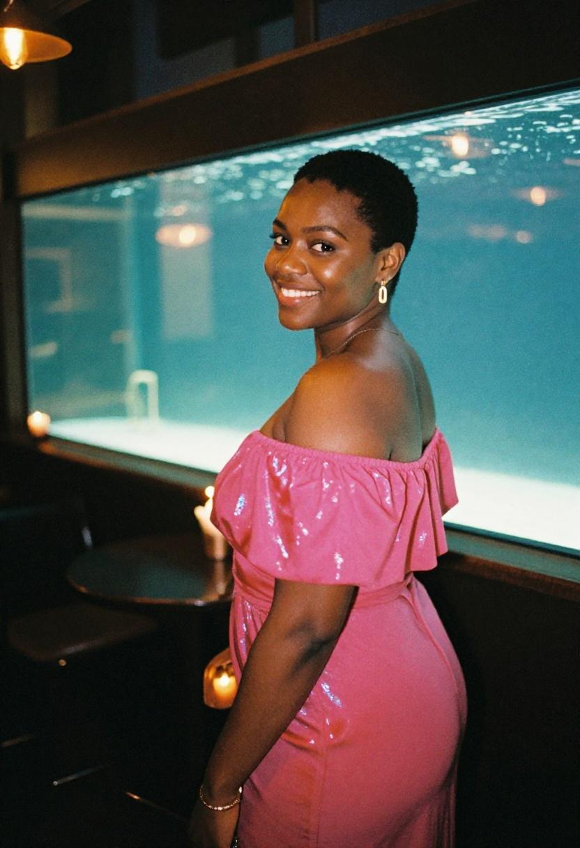 Fuchsia iridescent midi dress glowing under aquarium restaurant ambient tank lighting