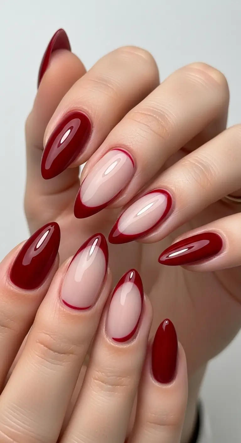 Cherry Red Tip Negative Space Almond Nails