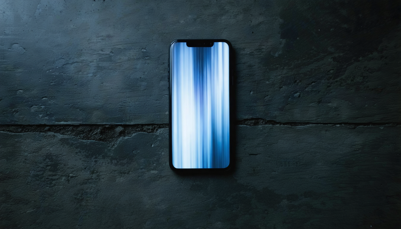 A smartphone glowing on empty concrete, illuminating nothing but the surface that holds it.