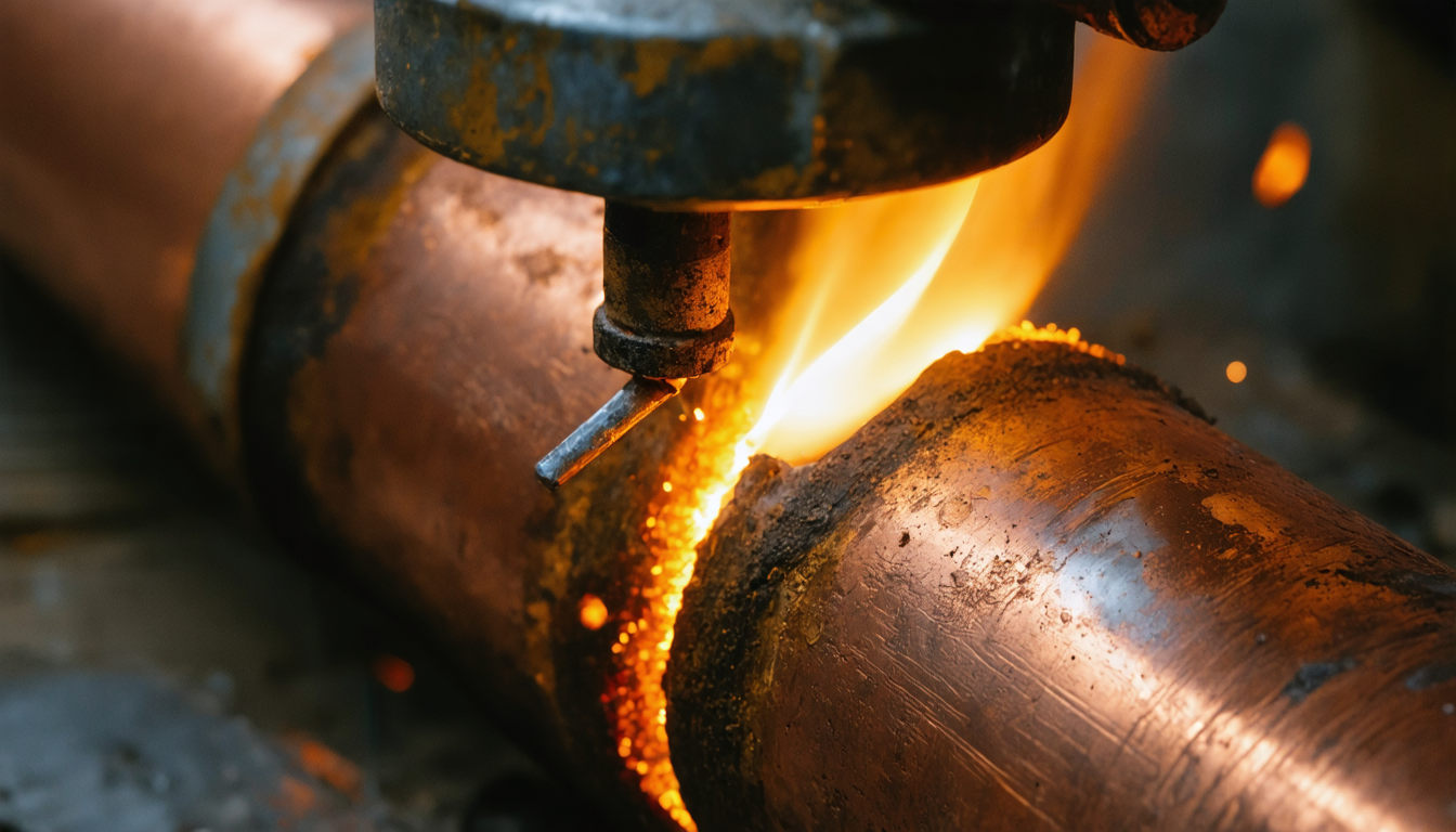 A copper pipe joint catching flame and flux in close focus, the plain labor that makes water arrive.