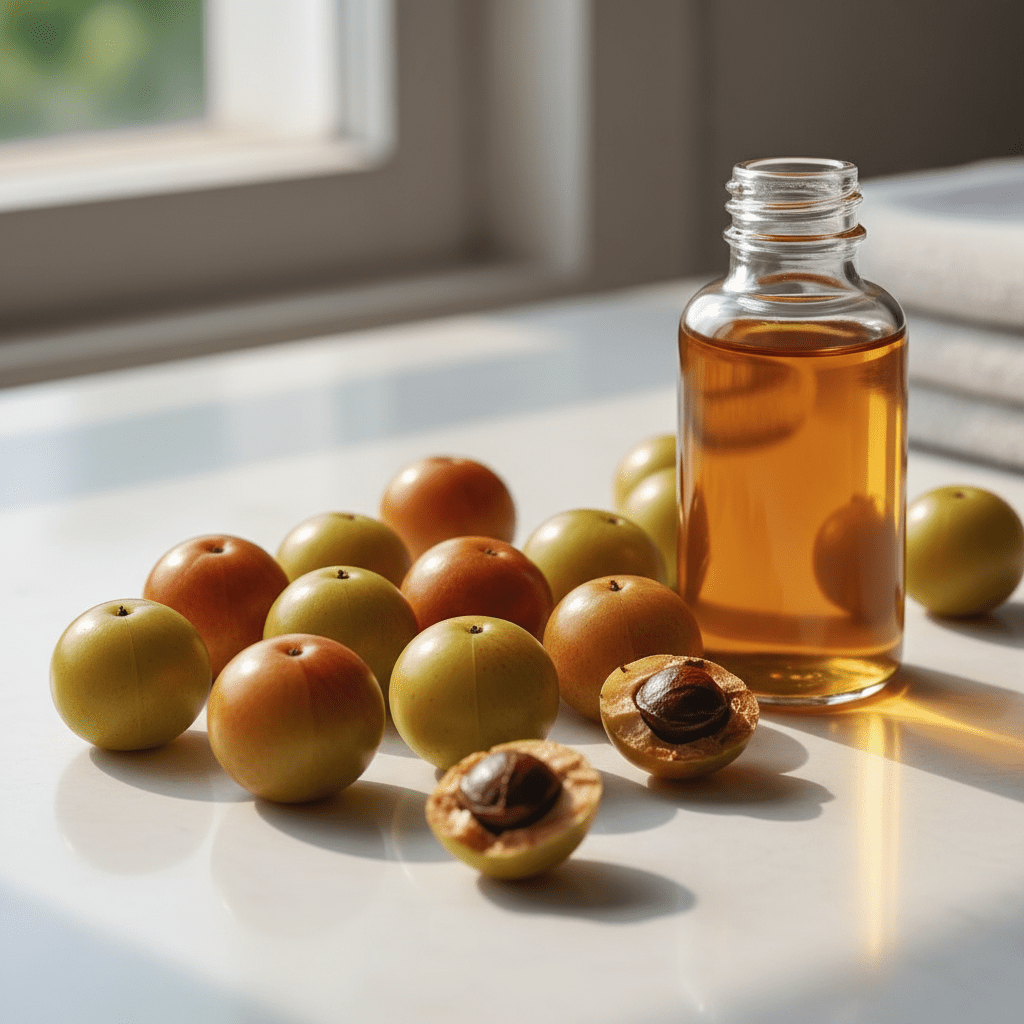 Amla berries and oil bottle on a spa tabletop