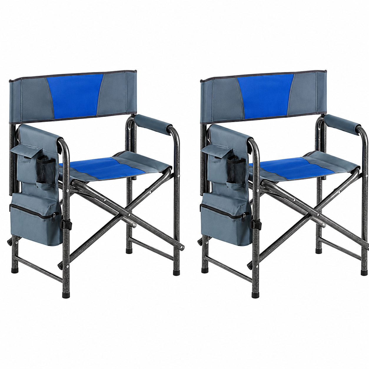 Two matching blue and grey padded folding director chairs on a white background