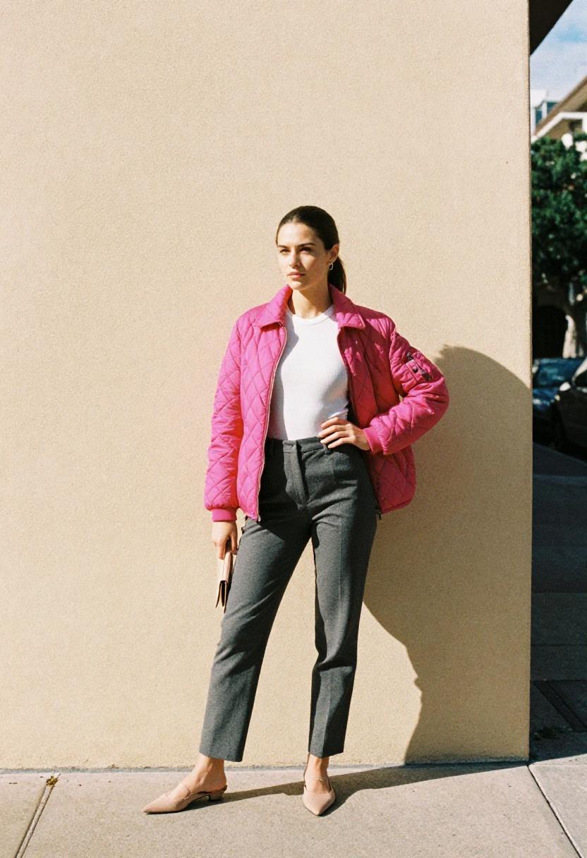 Bold magenta quilted bomber jacket with sleek grey trousers as a minimalist spring color look