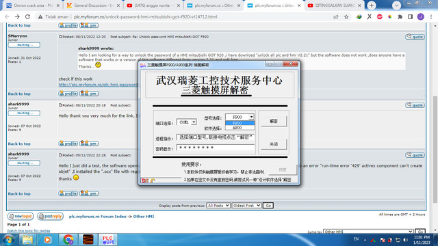 Unlock password HMI mitsubishi GOT F920 Re: Unlock password HMI mitsubishi GOT F920