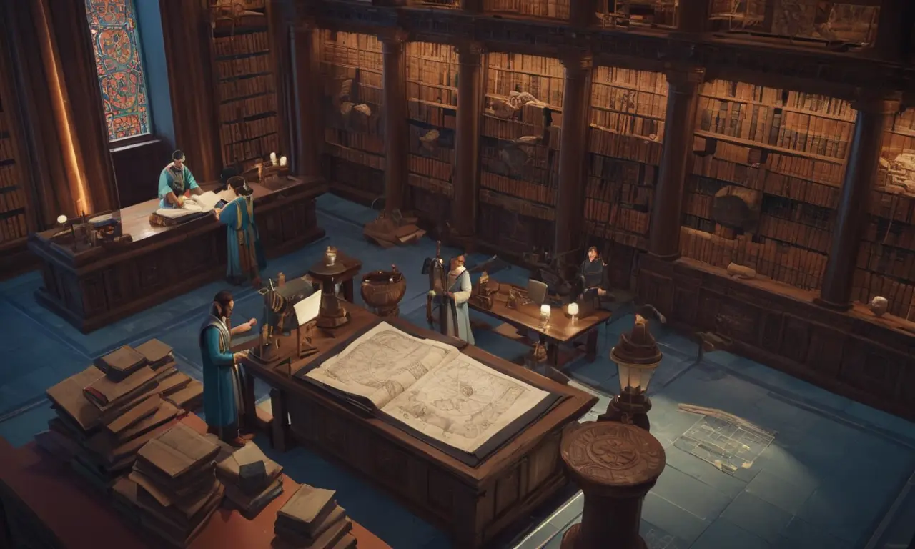 Investigadores que estudian documentos antiguos en una biblioteca, rodeados de artefactos culturales tradicionales.