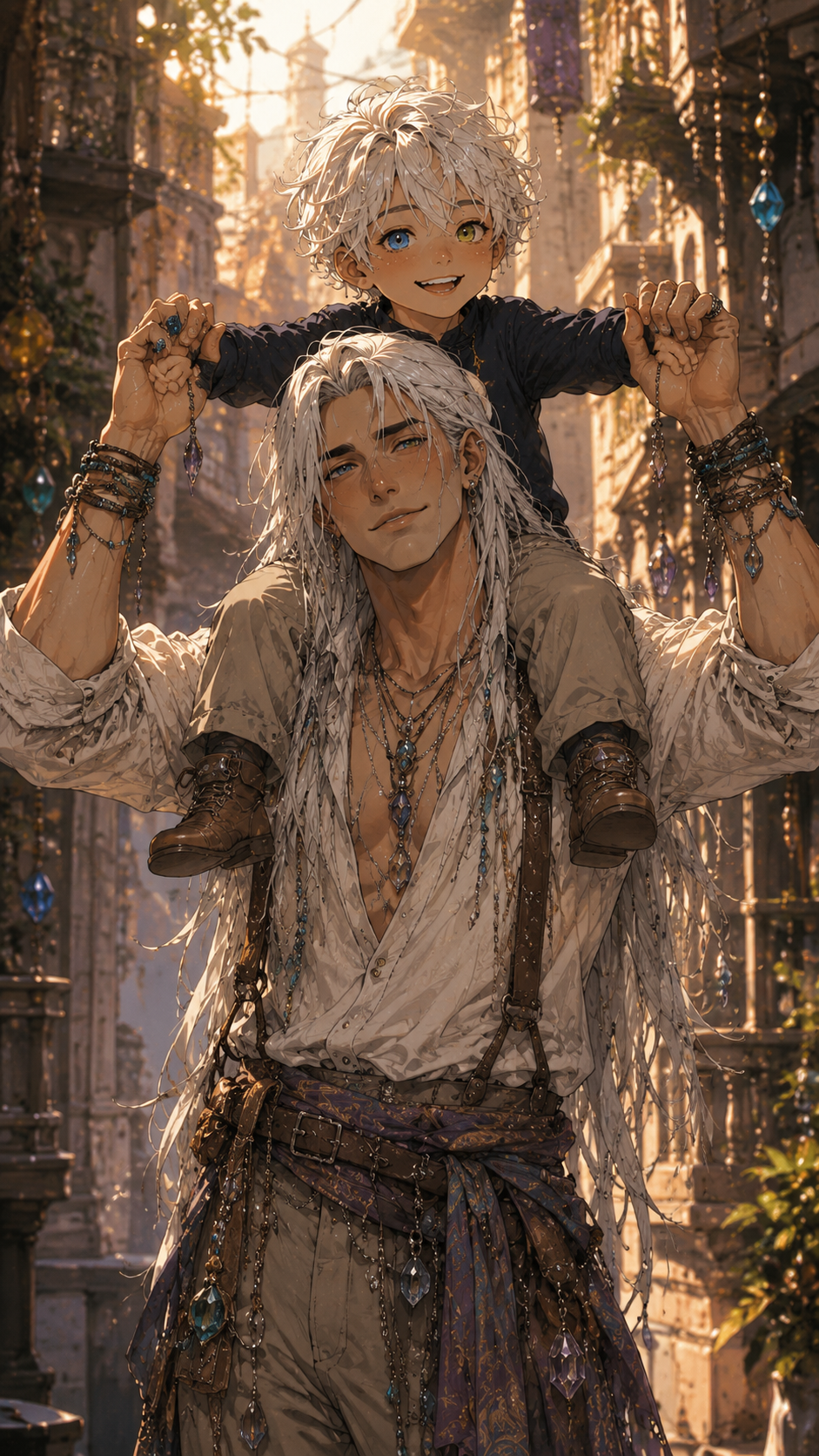 Kiun riding on Landon's shoulders while holding his hands.