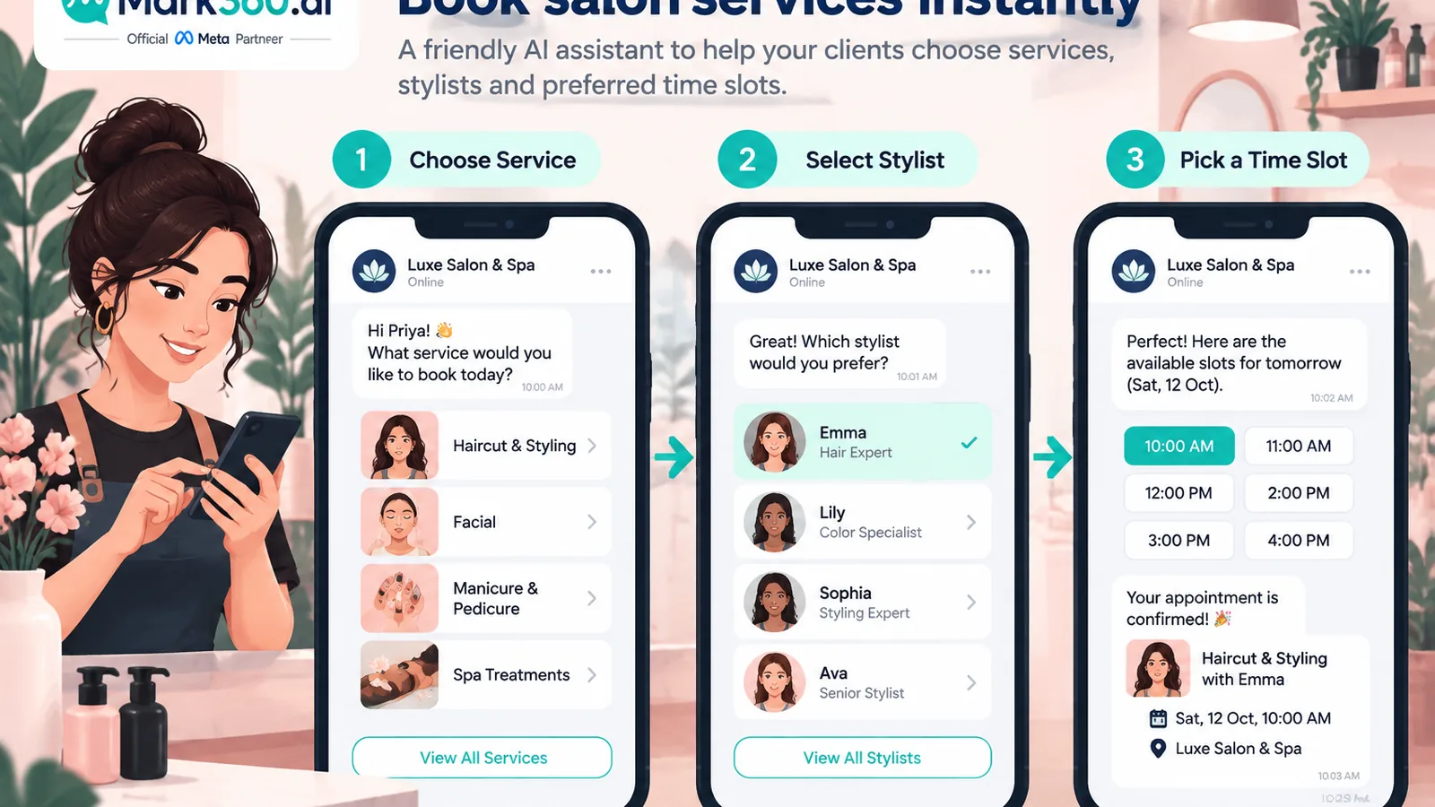 Salon WhatsApp booking chatbot showing service list stylist and slot picker