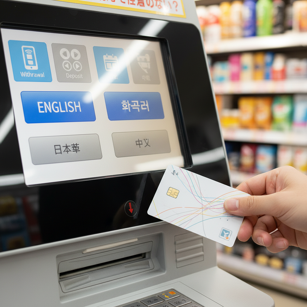 일본 현지 편의점 ATM 기기 화면에서 한국어를 선택하고 비밀번호를 입력하는 과정