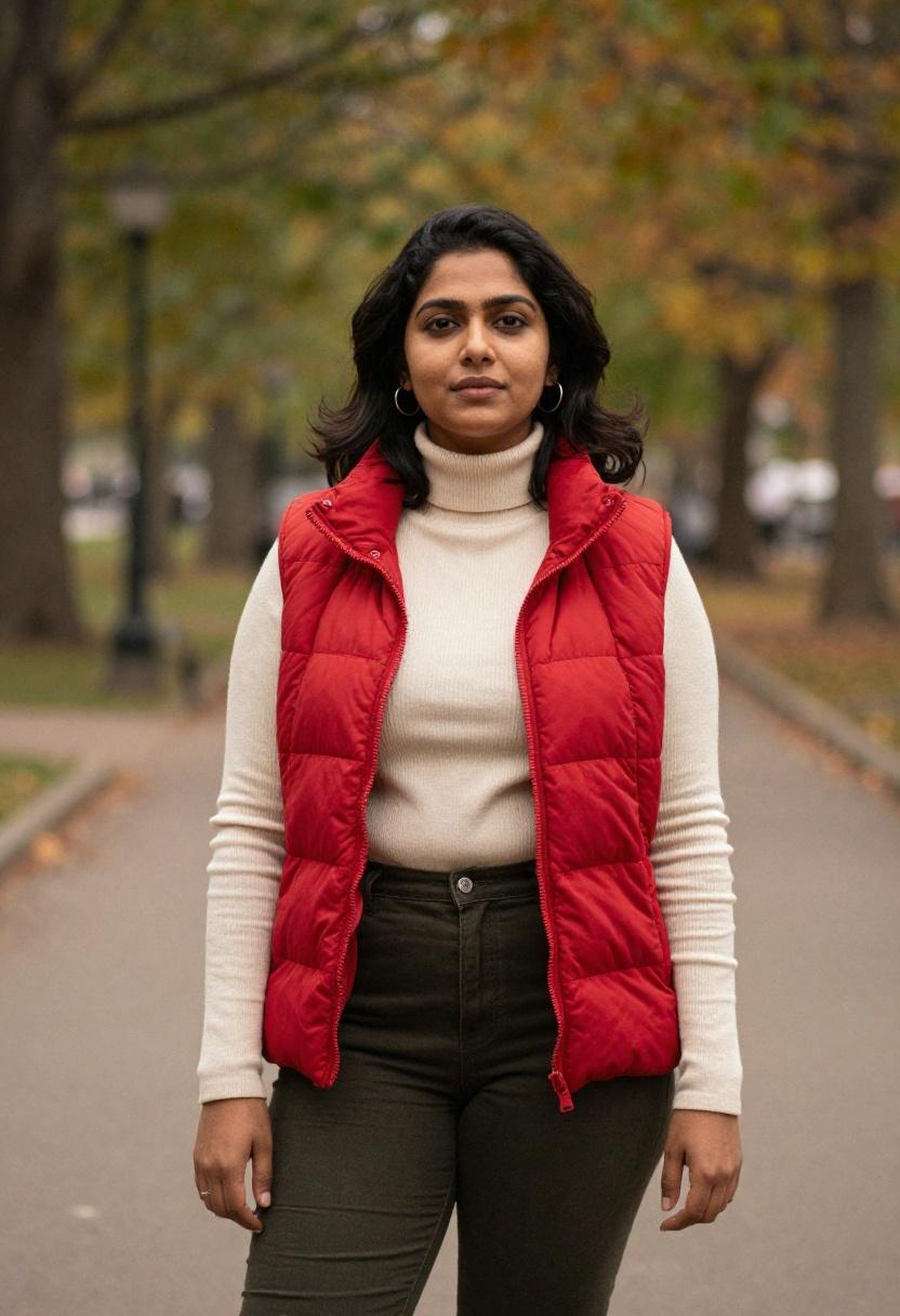 Cherry red puffer vest over ribbed cream turtleneck for casual transitional season outfit