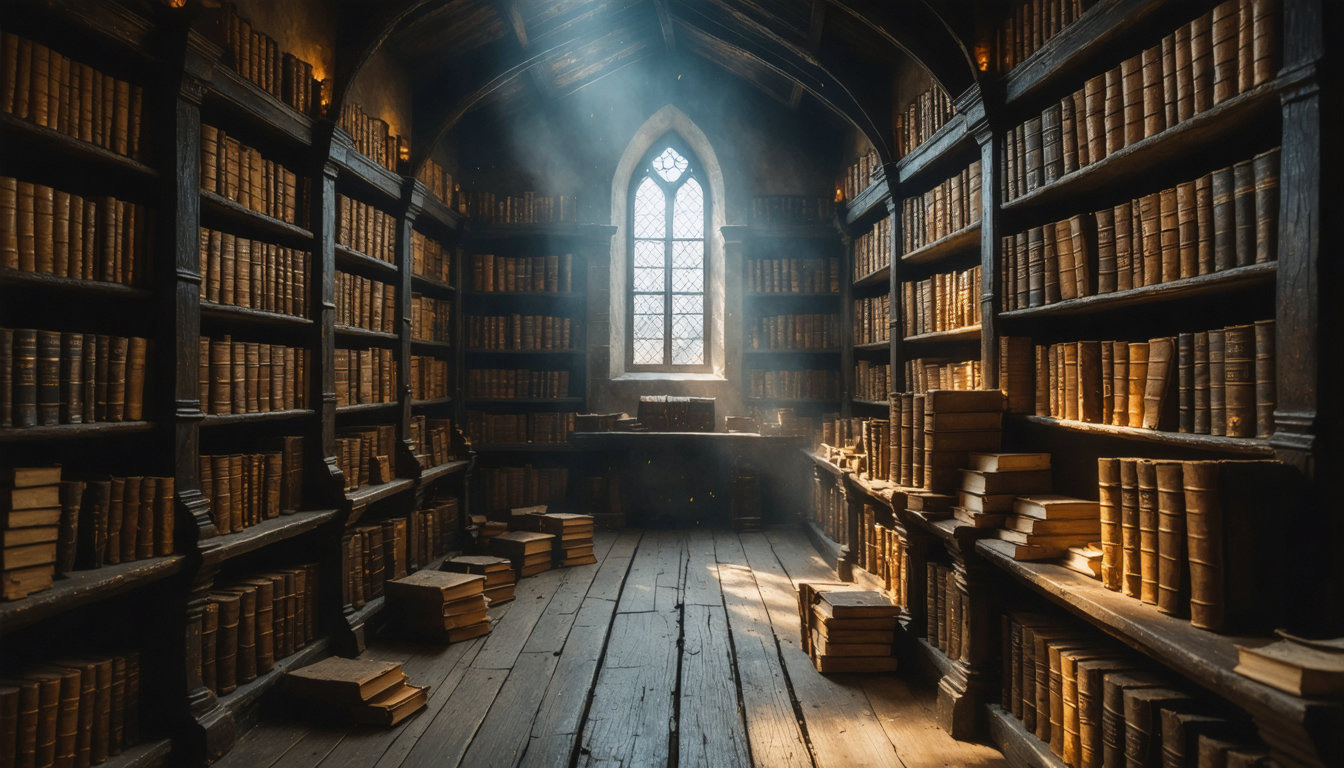 A dim monastery library with worn leather books on wooden shelves, a shaft of pale window light catching dust in the air, no one present.
