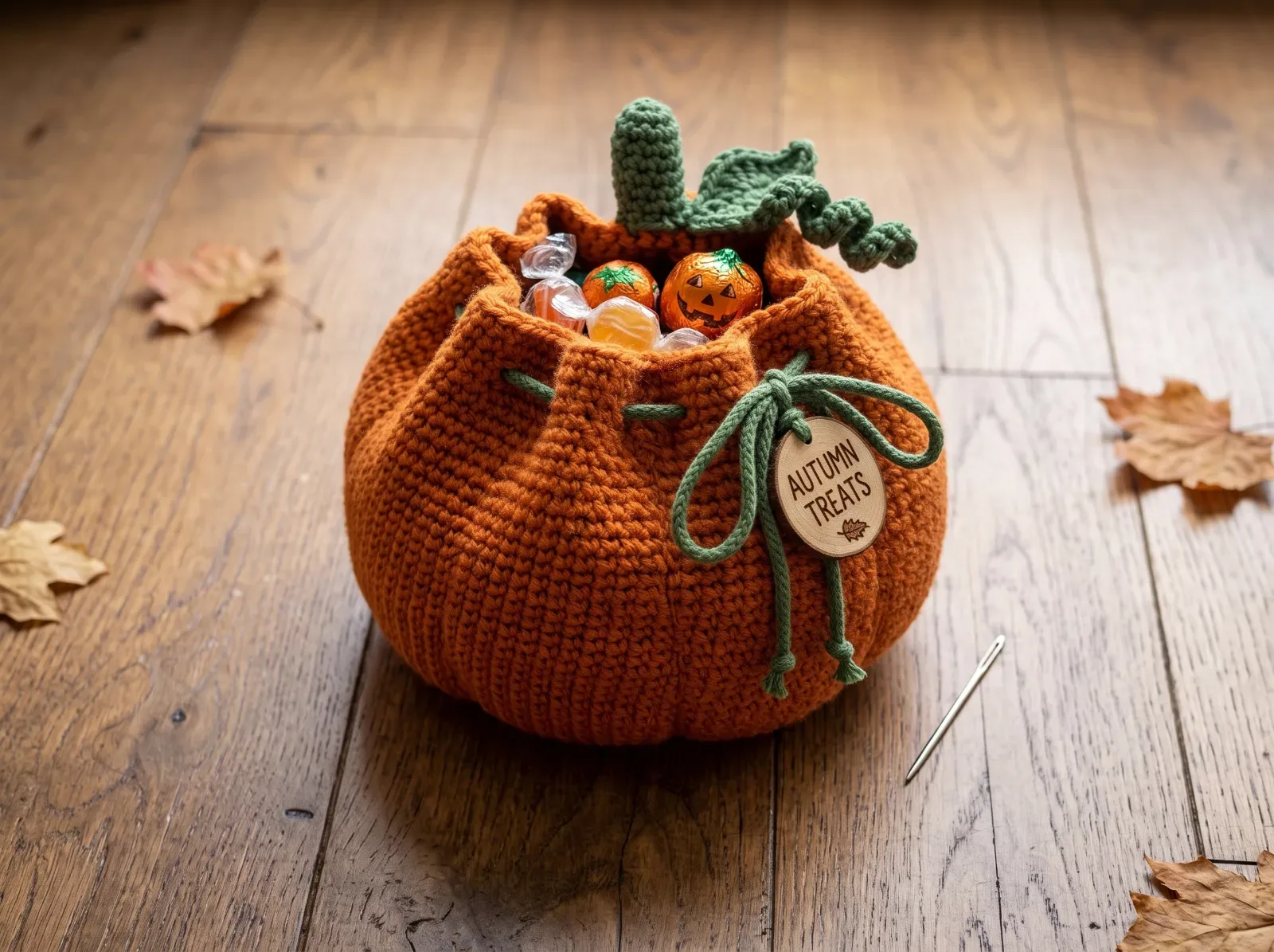 Crochet Pumpkin Treat Bag finished crochet project