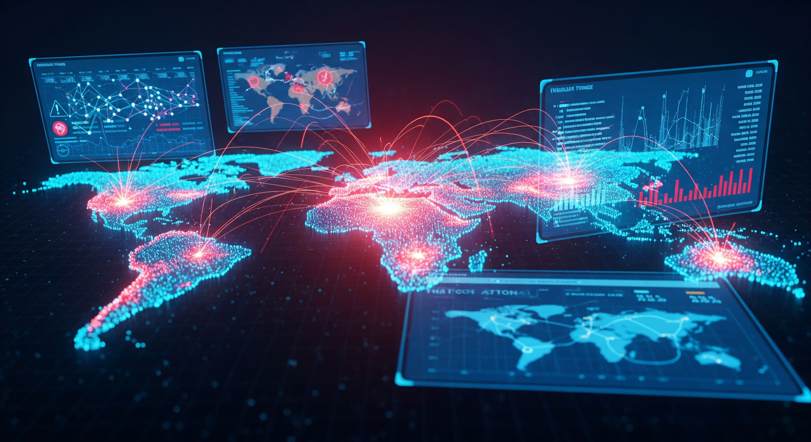 Ultra-detailed digital art showing a glowing 3D world map covered with cyberattack lines and threat-intelligence data overlays, neon red and blue tones, cinematic atmosphere, modern cyber-defense concept.