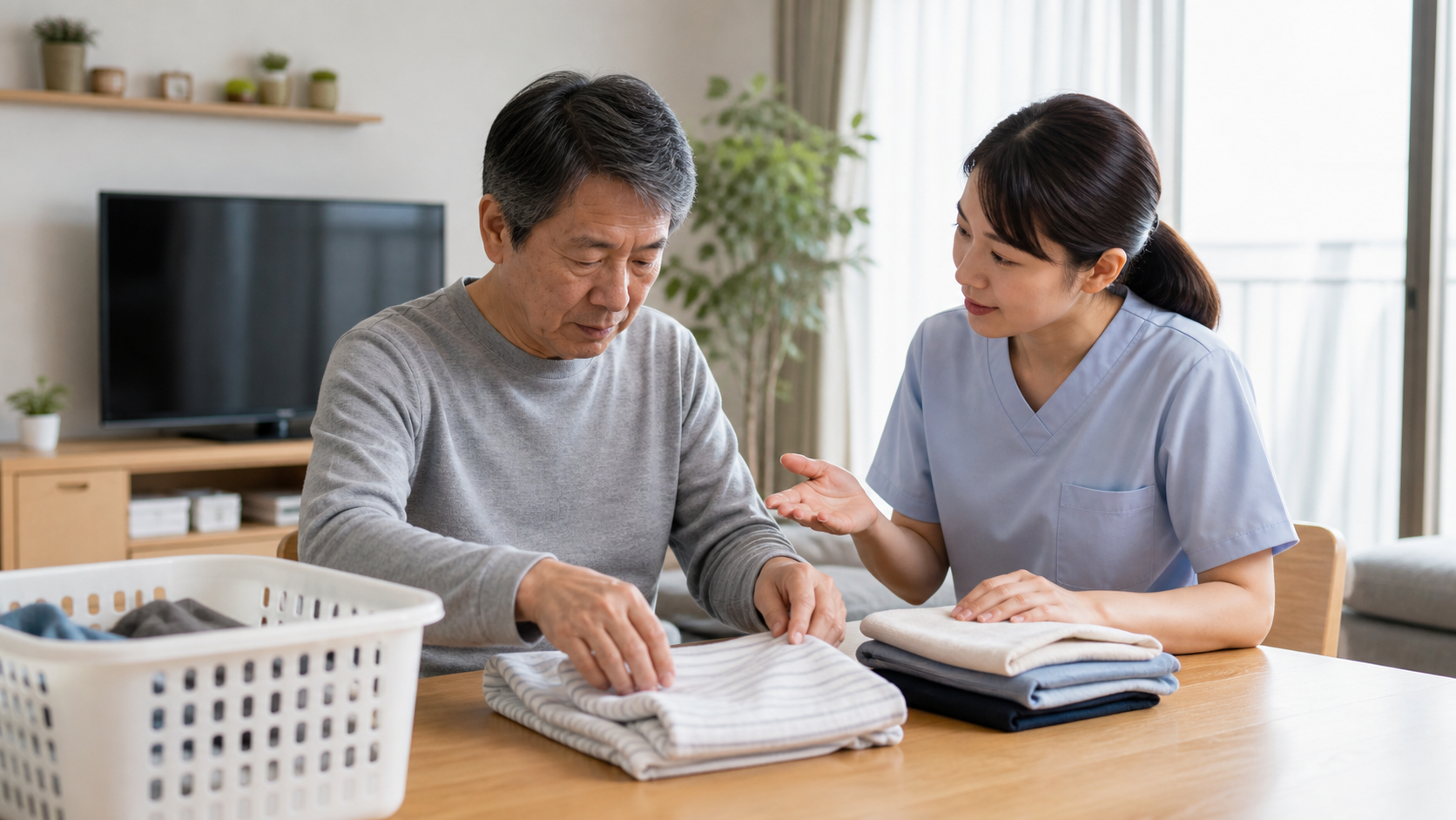 専門職と洗濯物を畳み整理する家事練習の場面